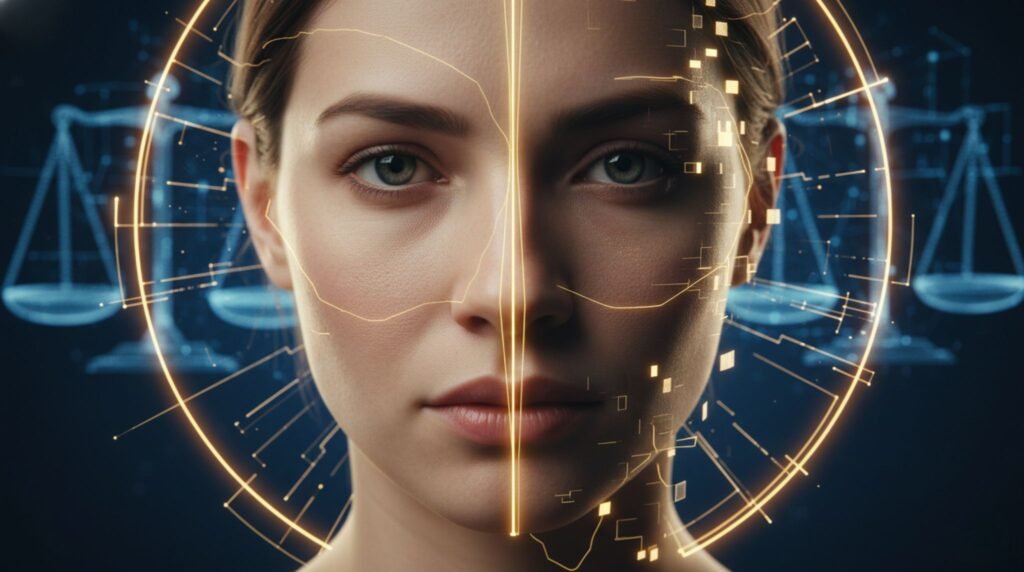 Split human face showing real vs deepfake identity with AI ethics and regulation concept