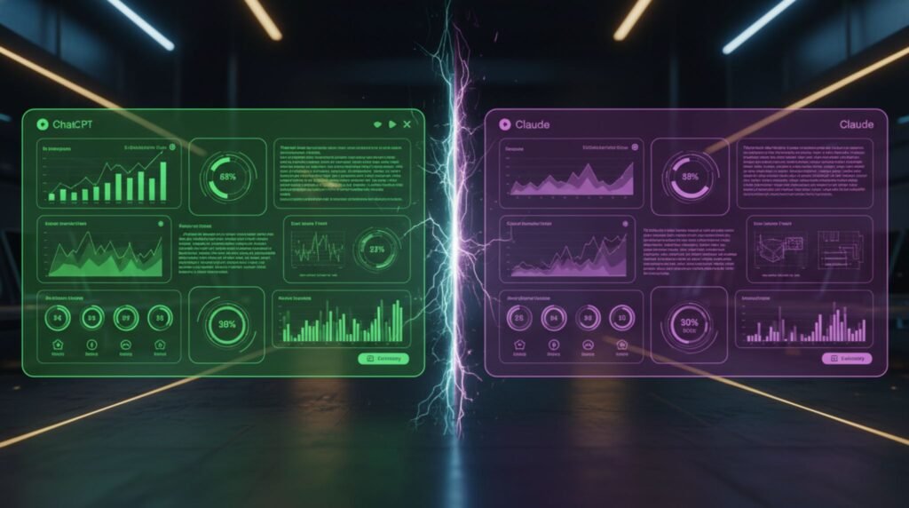 Split-screen futuristic comparison of two AI systems with glowing interfaces, benchmark charts, and real-world task visuals.
