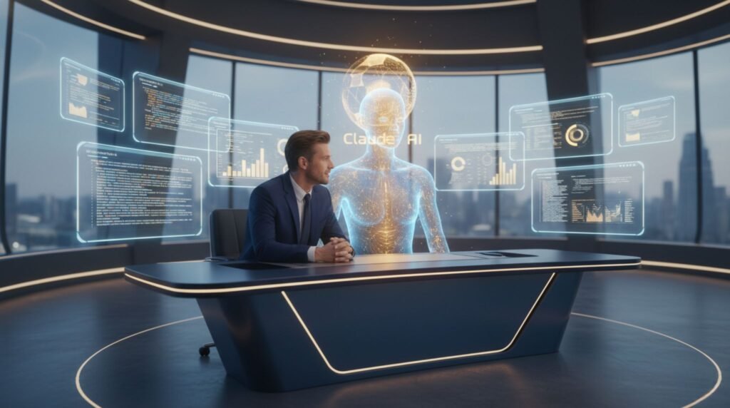 Futuristic AI coworker hologram assisting a human in a modern workspace, completing tasks on digital screens