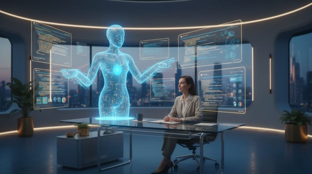 Futuristic AI interface displaying safety layers like Constitutional AI rules, sandbox environments, and automated control systems in a secure digital workspace