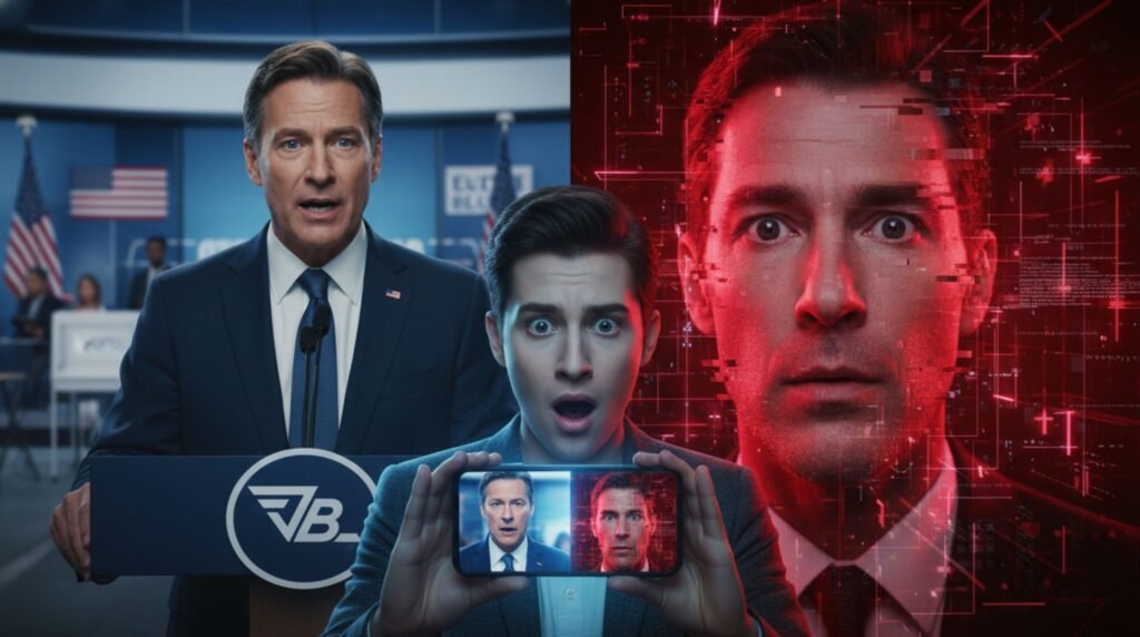 Split-screen image showing a real political speech and a distorted deepfake version on a smartphone, highlighting AI-generated misinformation risks during elections.