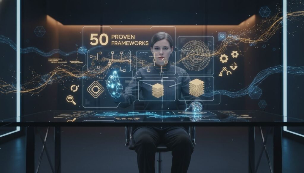 Futuristic AI workspace showing a prompt engineer interacting with a holographic interface displaying structured prompt engineering frameworks, flowcharts, and neural network visuals in dark blue and golden tones.