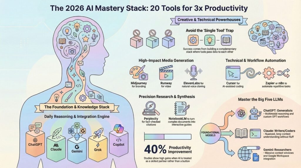 Futuristic workspace with a professional using multiple AI tools through holographic screens in a high-tech 2026 environment
