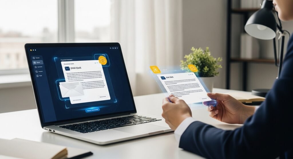 Professional using AI tool to write a polished business email on a laptop in a modern office