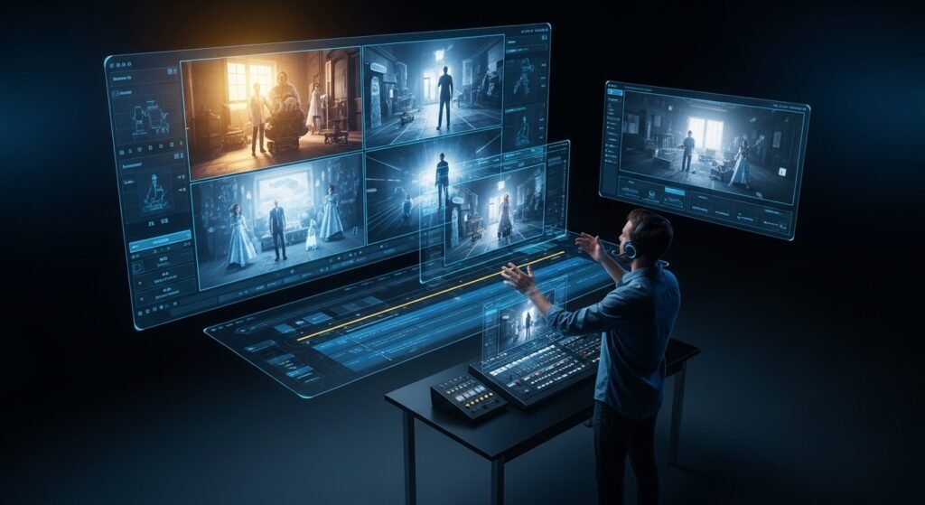 Film director controlling AI-generated video scenes in a futuristic studio using advanced holographic interface and real-time editing tools