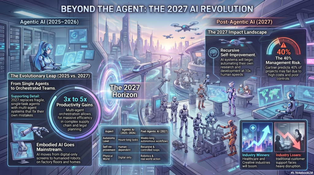 Futuristic 2027 AI visualization showing multi-agent orchestration, embodied humanoid robots, and self-improving intelligence networks in a modern cityscape