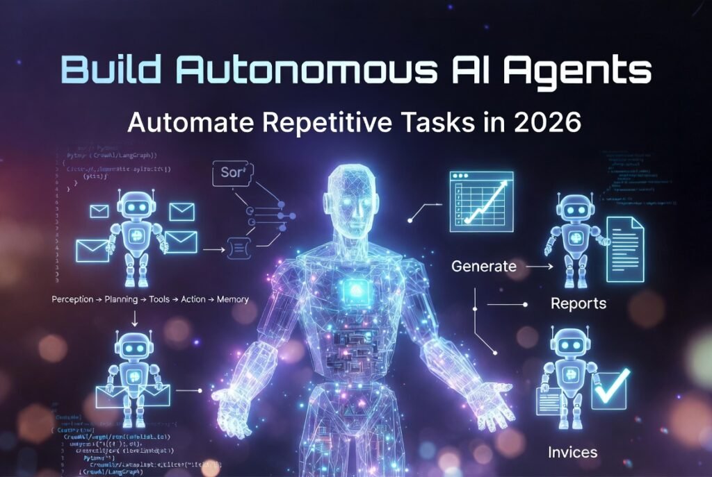Autonomous AI agents illustration showing a central glowing AI robot orchestrating multiple smaller agents automating repetitive tasks like email sorting, spreadsheet filling, report generation and invoice processing in 2026 futuristic style