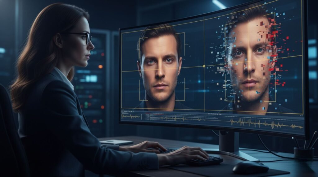 Person analyzing a digital face on a computer screen with visible glitches and distortion, using advanced tools to detect AI-generated deepfake content.
