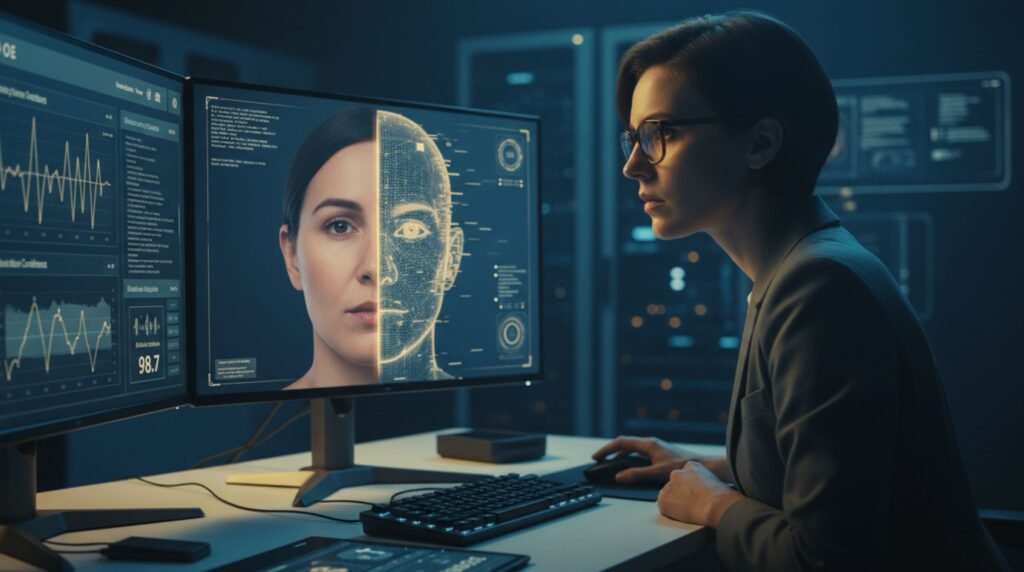 Person analyzing a suspicious video on a laptop using deepfake detection tools, highlighting digital security and media verification.