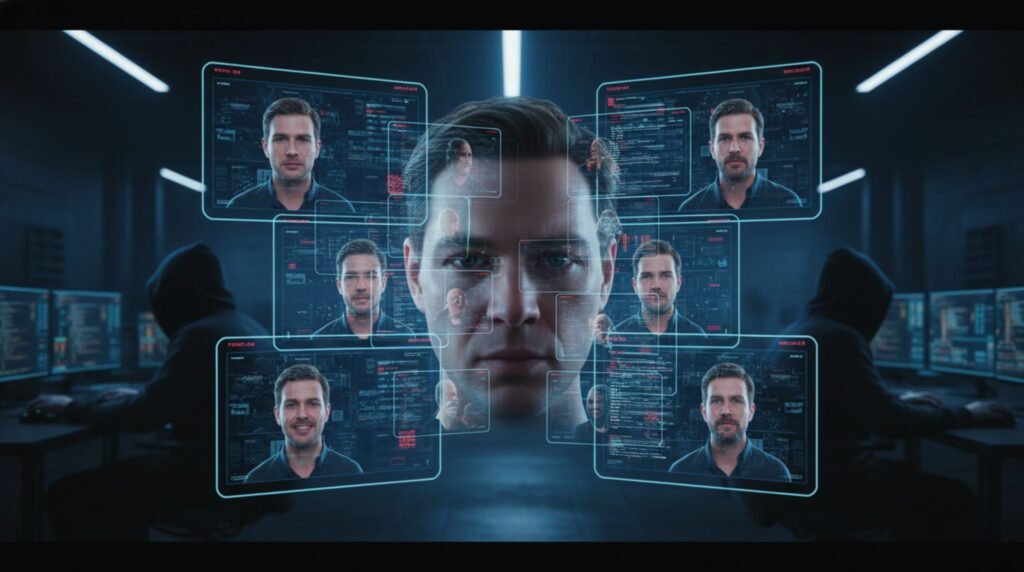 Photorealistic image of a human face partially dissolving into digital fragments while multiple fake video screens display manipulated identities, representing deepfake-driven misinformation and fraud.