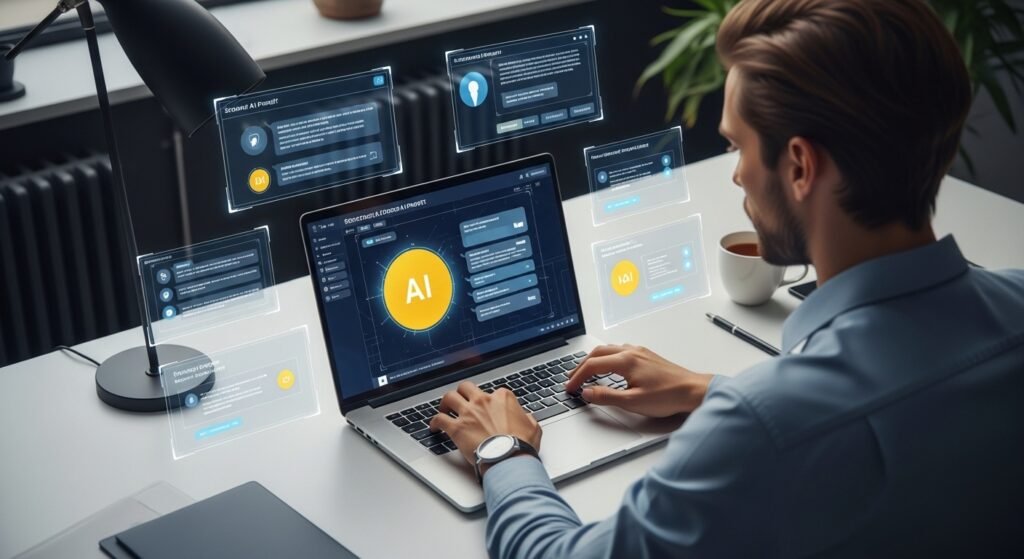 Professional prompt engineer working on a laptop with advanced AI interface, crafting precise prompts in a modern workspace