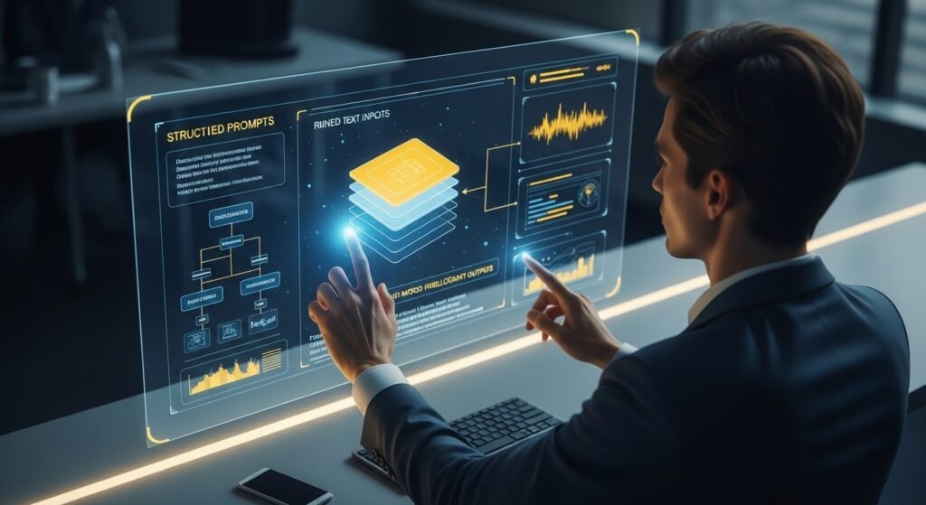 Futuristic workspace showing a person crafting advanced AI prompts on a holographic interface with layered text inputs, structured frameworks, and intelligent outputs visualized in deep blue and golden tones.