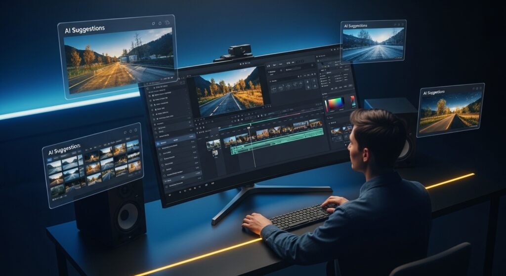Futuristic AI-powered video editing workspace with advanced timeline interface, automated tools, and a creator editing high-quality video on a modern computer