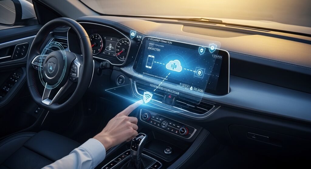 Driver interacting with a smart car dashboard showing secure connectivity, encrypted data flow, and connected devices in a modern vehicle interior