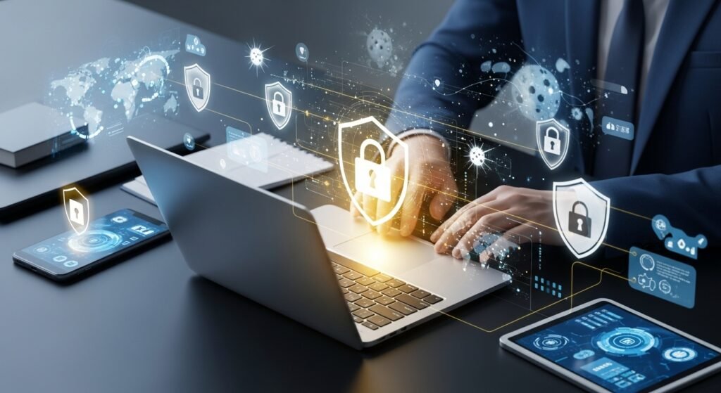 Person using a secure laptop with lock icons and encrypted data visuals, representing safe online practices and cybersecurity awareness