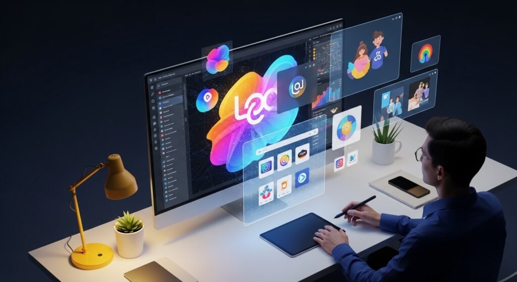 Designer using AI tools to create stunning graphic designs on a modern digital workspace with vibrant visuals and smart automation
