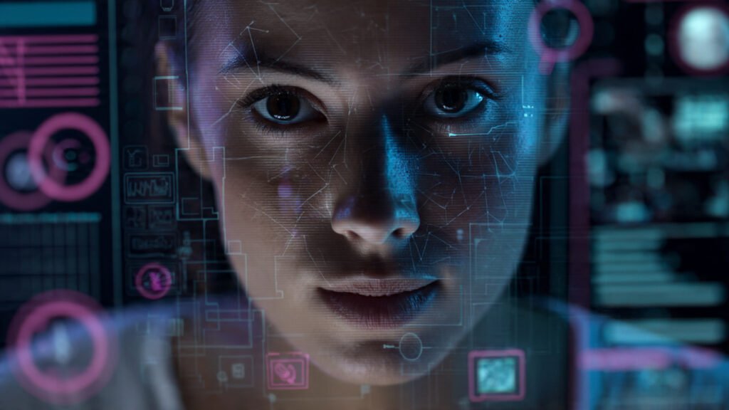 Illustration of a split-screen face showing harmless deepfake memes on one side and dangerous synthetic imagery on the other, with digital AI effects in blue and gold tones.