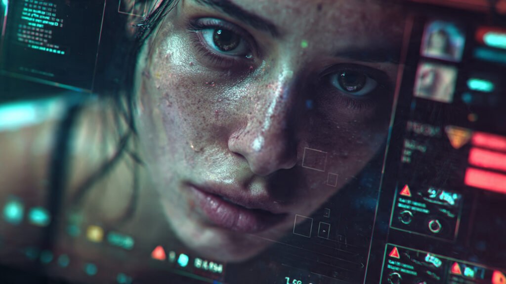 Close-up of a computer screen showing a potentially manipulated video with AI analysis overlays, glitch effects, and digital forensic icons highlighting deepfake detection.