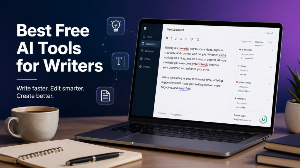 Best free AI tools for writers helping draft blog posts, fix grammar, and generate ideas on a laptop screen.