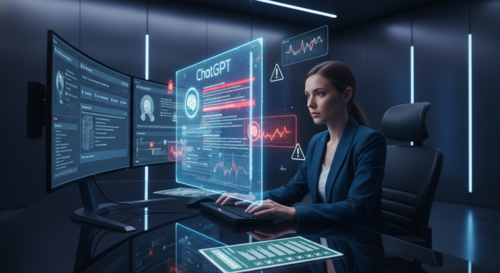 ChatGPT output audit process showing hallucination detection, bias analysis, fact-checking workflow, and AI content verification steps.