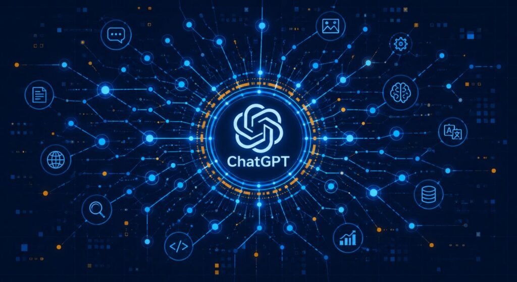 Abstract neural network visualization with interconnected glowing nodes representing ChatGPT's artificial intelligence, deep navy background with blue and amber accents.