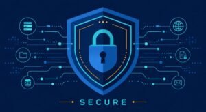Digital security shield with padlock symbol on a dark blue background representing ChatGPT's data privacy and safety features, surrounded by encrypted data flow elements.