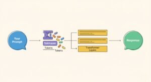 Step-by-step infographic showing how ChatGPT processes user input through tokenization and transformer layers to generate a text response.